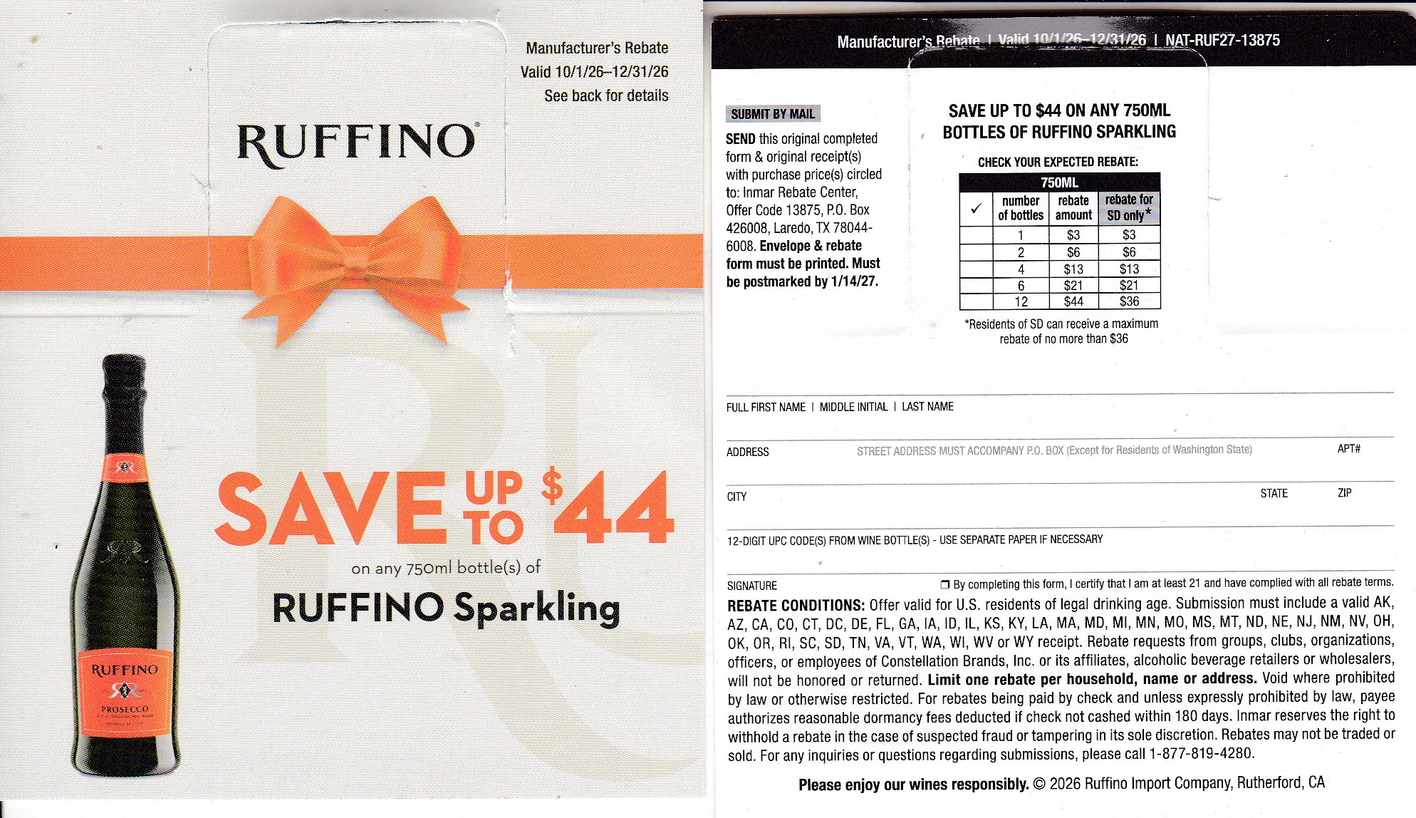 New Ruffino Sparkling CA + pm 1/14/27 Laredo TX $44