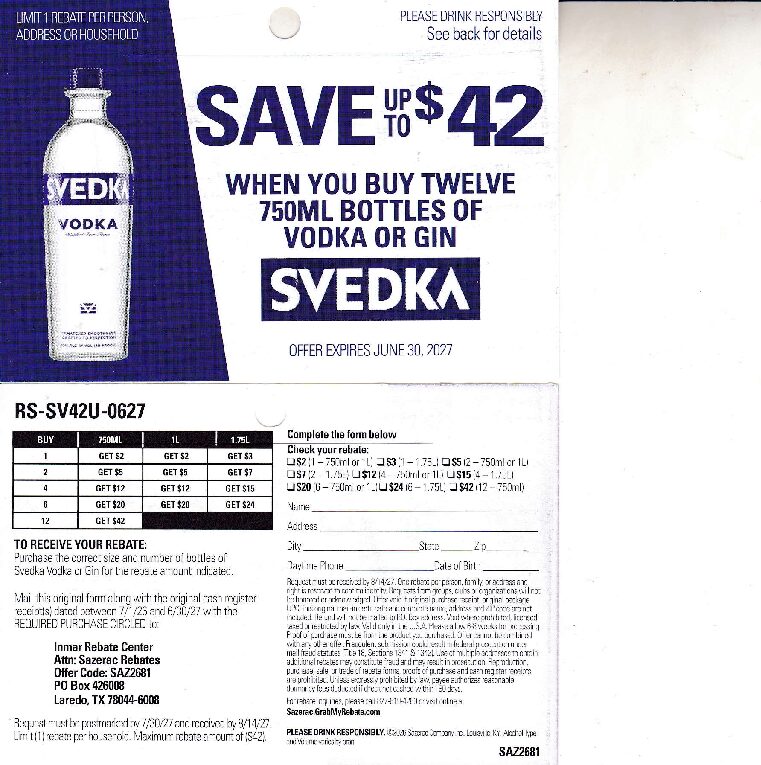 New Svedka Gin or Vodka pm 7/30/27 Laredo TX $42