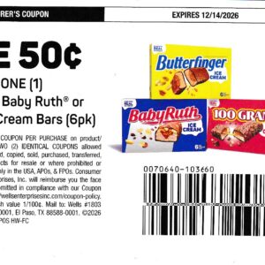Butterfinger, Baby Ruth, 100 Grand Ice Cram Bars (1) 12/14/26