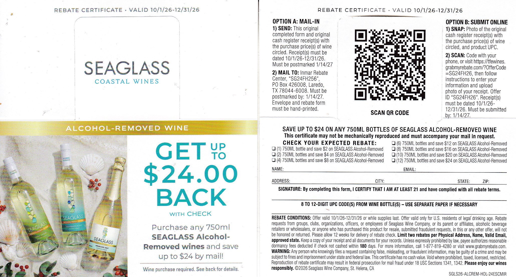 New Seaglass alcohol removed wine pm 1/14/27 2 per HH Laredo TX $24 Scan or Check