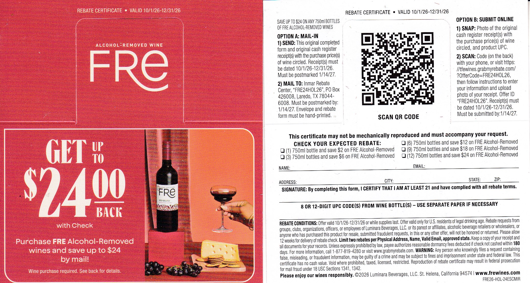New Sutter Fre alcohol removed wine pm 1/14/27 2 per HH Laredo TX $24 Scan or CK