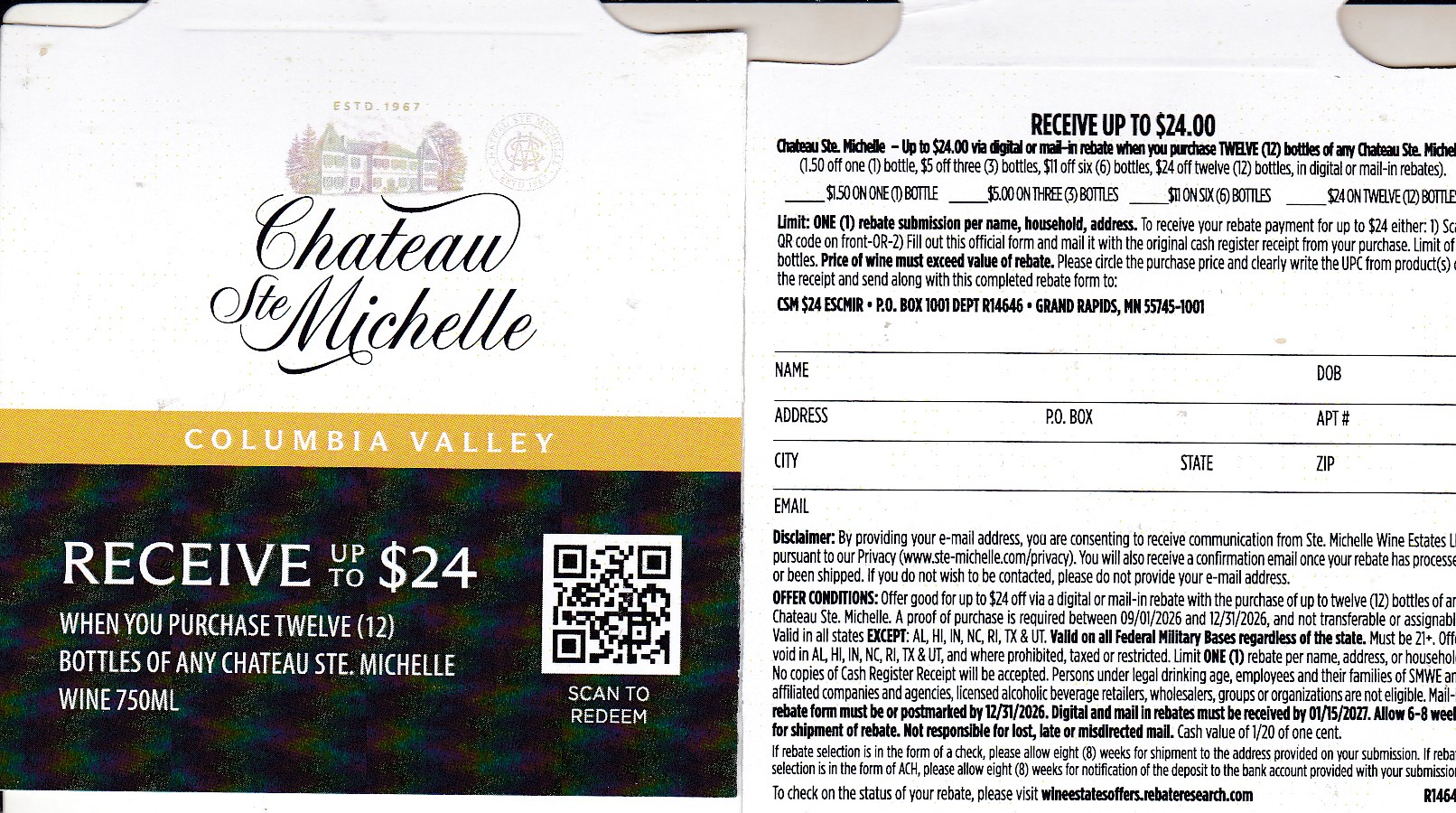 New Text/Scan Chatau Ste Michelle (12) rec by 1/10/27 $24 pays VISA Card Check or Bank Account