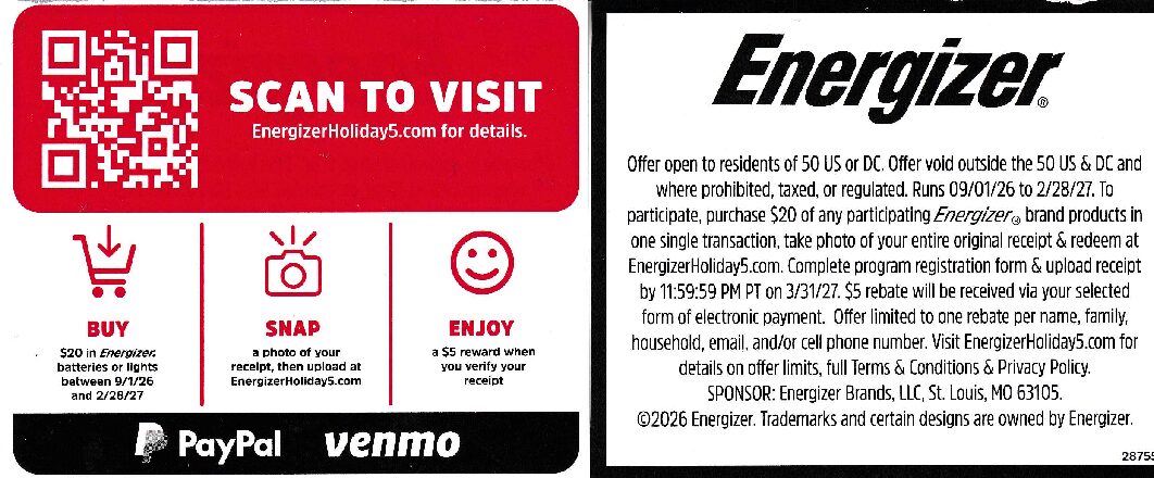 Text/Scan Energizer Batteries $20 & up 2/28/27 $5 PayPal